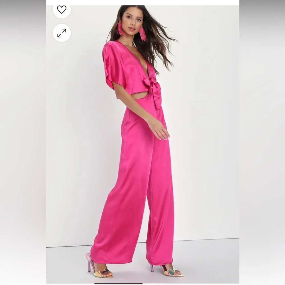 Lulu's Fuchsia Satin Plunge Tie-Front Wide-Leg Jumpsuit - Picture 2 of 5